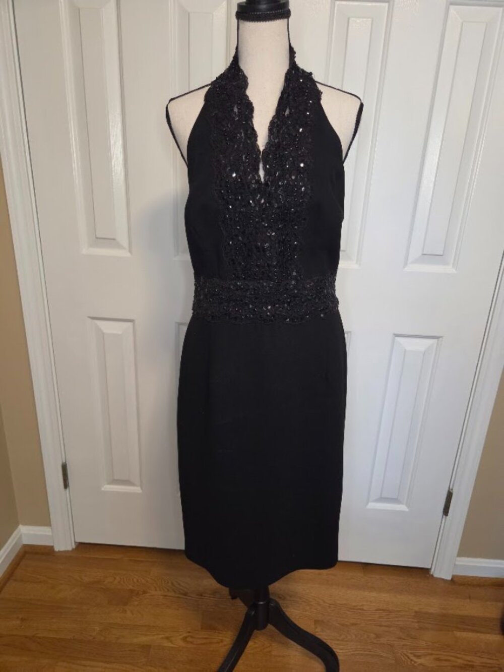 KIR Size 12 Black Beaded Halter Open Back Cocktail Dress
